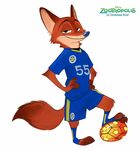  2016 anthro ball canine clothing disney fox fur looking_at_viewer male mammal nick_wilde orange_fur simple_background smile soccer soccer_ball solo sport text zootopia 
