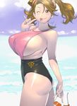  :p ass bare_shoulders breasts brown_eyes brown_hair eyewear_removed finger_to_face gundam gundam_build_fighters gundam_build_fighters_try highres holding holding_eyewear huge_breasts kotoyoshi_yumisuke long_hair looking_at_viewer one-piece_swimsuit one_eye_closed sazaki_kaoruko sideboob solo sunglasses swimsuit thighs tongue tongue_out twintails zeon 
