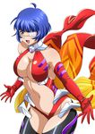  blue_hair breasts cleavage cosplay elbow_gloves eyepatch gloves green_eyes ikkitousen large_breasts mole mole_under_mouth navel open_mouth red_gloves ryomou_shimei short_hair simple_background solo white_background yuzuriha_inori yuzuriha_inori_(cosplay) 