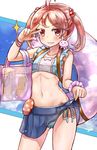  :3 absurdres ahoge bag bunny hair_bobbles hair_ornament highres innertube kantai_collection looking_at_viewer md5_mismatch navel okitsugu pleated_skirt sandals sazanami_(kantai_collection) shoulder_bag skirt skirt_lift smile solo sparkle swimsuit twintails v-shaped_eyebrows w w_over_eye 