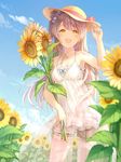  :d bow brown_eyes brown_hair cloud cloudy_sky day dress field flower flower_field hair_bow hat long_hair love_live! love_live!_school_idol_project minami_kotori one_side_up open_mouth outdoors rio_(9251843) see-through sky smile solo sunflower white_dress 