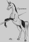  drawing equine female feral hair horn horse looking_at_viewer mammal monochrome pencil_(artwork) r34c simple_background solo standing text traditional_media_(artwork) unicorn 