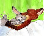  &lt;3 2016 anthro bed blue_eyes canine cuddling disney duo female fox green_eyes judy_hopps lagomorph long_ears love male mammal movie nick_wilde nude pillow pillow_talk pink_nose rabbit scratching simple_background smile steve_gallacci zootopia 