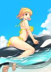  5iz0 arched_back ass bad_id bad_pixiv_id bare_shoulders bikini blue_sky breasts brown_eyes brown_hair cloud day dutch_angle from_side hair_ornament inflatable_orca inflatable_toy looking_at_viewer medium_breasts open_mouth outdoors partially_submerged senki_zesshou_symphogear short_hair side-tie_bikini sky smile solo swimsuit tachibana_hibiki_(symphogear) trefoil water wet yellow_bikini 