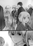  formal gintama greyscale highres hijikata_toushirou japanese_clothes kimono loli_bushi long_hair monochrome obi okita_mitsuba okita_sougo sash short_hair silent_comic suit 