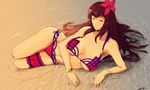  bikini bracelet brown_hair collarbone fate/grand_order fate_(series) flower hair_flower hair_ornament highres jewelry kisaragi_chiyuki long_hair panties parted_lips partially_submerged red_eyes sand scathach_(fate)_(all) scathach_(fate/grand_order) side-tie_panties solo swimsuit thigh_strap underwear water 