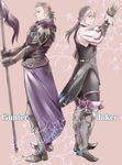  armor armored_boots back-to-back boots character_name dagger fire_emblem fire_emblem_if gloves grey_eyes grey_hair gunter_(fire_emblem_if) joker_(fire_emblem_if) long_hair low_ponytail multiple_boys pink_background polearm spear tico weapon 