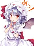  :o bat_wings blush fang hat hat_ribbon index_finger_raised kedama_milk looking_at_viewer mob_cap open_mouth pointy_ears red_eyes remilia_scarlet ribbon short_hair short_sleeves silver_hair simple_background solo touhou v-shaped_eyebrows white_background wings wrist_cuffs 