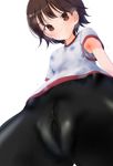  1girl armpits bike_shorts black_hair blush breasts brown_eyes cameltoe erect_nipples girls_und_panzer gym_uniform isobe_noriko small_breasts smell smile solo sweat 