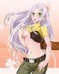  allelujah_haptism belt black_gloves breast_grab breasts gloves grabbing gundam gundam_00 long_hair medium_breasts navel open_mouth shirt shirt_lift silver_hair soma_peries taakomaru yellow_eyes yellow_shirt 