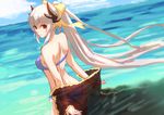  albino bikini bow butt_crack fate/grand_order fate_(series) hair_bow horns jacky5493 kiyohime_(fate/grand_order) kiyohime_(swimsuit_lancer)_(fate) ponytail red_eyes see-through shoulder_blades solo swimsuit water white_hair 