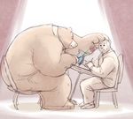  2016 anthro bear beard caress chair clothed clothing digital_drawing_(artwork) digital_media_(artwork) dinner duo eye_contact facial_hair flower hair human jarpanda larger_male male mammal overweight overweight_male plant romantic romantic_couple sitting size_difference sketch smaller_male smile spot_color table vase 