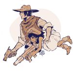  1girl bandana boots carrying carrying_under_arm child cowboy_boots cowboy_hat dark_skin gun hat mccree_(overwatch) monochrome nerf_gun overwatch papabay peaked_cap pharah_(overwatch) sepia smile teenage toy_gun weapon younger 