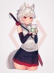  :o animal_ears bare_shoulders black_skirt blush bridal_gauntlets coffee commentary cowboy_shot cropped_legs cup disposable_cup ehrrr elbow_gloves gloves hat highres inubashiri_momiji logo_parody miniskirt pom_pom_(clothes) red_eyes shirt short_hair silver_hair skirt sleeveless sleeveless_shirt solo starbucks steam sword tail thigh_gap tokin_hat touhou weapon weapon_on_back white_shirt wide_sleeves wolf_ears wolf_tail 