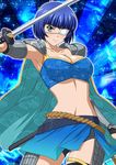  armpits black_shorts blue_hair breasts cleavage collarbone eyepatch green_eyes holding holding_sword holding_weapon ikkitousen katana large_breasts looking_at_viewer mole mole_under_mouth ryomou_shimei shiny shiny_skin short_hair shorts shoulder_armor smile solo spaulders sword weapon 