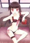  absurdres black_bra black_hair black_panties book bra collarbone fang finger_to_mouth flat_chest frilled_bra frills genkai_tokki_monster_monpiece groin highres hime_cut holding holding_book long_hair navel panties pink_ribbon red_eyes ribbon sitting solo thigh_strap tongue tongue_out underwear 