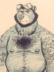  2016 anthro bear beard belly big_belly body_hair chest_hair dramamine facial_hair front_view grumpy hairy half-length_portrait hat hi_res male mammal monochrome navel nipple_piercing nipples nude piercing portrait simple_background slightly_chubby solo tattoo white_background 