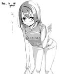  2016 blush clothes_writing commentary dated garnet greyscale highres holding leaning_forward midriff monochrome number original parted_lips shirt short_shorts shorts signature solo standing 
