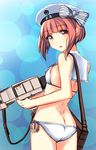  1girl ass bikini blush breasts butt_crack hat kantai_collection navel pallad red_eyes red_hair small_breasts solo z3_max_schultz_(kantai_collection) 