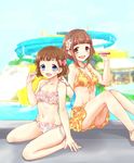  :d absurdres anklet barefoot bikini blue_eyes breasts brown_eyes brown_hair collarbone flower hair_flower hair_ornament highres idolmaster idolmaster_cinderella_girls jewelry kitami_yuzu kudou_shinobu kudukimii multiple_girls necklace open_mouth pool short_hair side-tie_bikini sitting small_breasts smile swimsuit wariza water_slide 