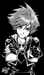  brittany_fuerst crossed_arms fingerless_gloves gloves greyscale jacket jewelry kingdom_hearts kingdom_hearts_ii male_focus monochrome necklace screentones signature solo sora_(kingdom_hearts) upper_body 
