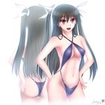  :d ass black_hair casual_one-piece_swimsuit criss-cross_halter halter_top halterneck highres kiyokazu long_hair mayo_chiki! o-ring o-ring_bottom one-piece_swimsuit open_mouth red_eyes reflection slingshot_swimsuit smile solo standing suzutsuki_kanade swimsuit twintails two_side_up 