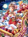  1girl bare_shoulders bow braid breasts brown_eyes christmas cleavage elbow_gloves flower gift gloves hair_bun hair_flower hair_ornament hobak holding holding_gift holly looking_at_viewer moon night official_art ornament outdoors red_gloves red_legwear sitting sleigh smile solo stuffed_animal stuffed_reindeer stuffed_toy teddy_bear tenka_touitsu_chronicle thighhighs tree twin_braids watermark white_bow wreath yellow_bow 