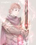  armor cape character_name fire_emblem fire_emblem_if gloves grey_background male_focus pink_hair red_eyes siegbert_(fire_emblem_if) solo sparkle sword tico upper_body weapon 