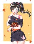  :3 alternate_breast_size alternate_hairstyle animal_print armband artist_name bare_shoulders between_fingers black_dress black_hair breasts brown_eyes bunny_print casual chips collarbone d.va_(overwatch) doritos dress eyebrows eyebrows_visible_through_hair facepaint facial_mark food hand_up headphones highres large_breasts legs_together long_hair looking_at_viewer off-shoulder_dress off_shoulder one_eye_closed open_mouth overwatch ponytail short_sleeves smile solo sparkle thigh_gap tongue ubi_(ekdus6080) whisker_markings 