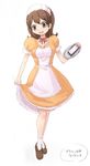  apron brown_eyes brown_hair dress frills maid maid_apron maid_headdress orange_dress shoes socks solo translated waitress white_legwear yuno_(mioalice) 