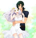  1girl allelujah_haptism belt black_hair breasts chibi cleavage collarbone dress flower grey_eyes gundam gundam_00 hair_flower hair_ornament heterochromia hug hug_from_behind long_hair looking_at_viewer medium_breasts open_mouth silver_hair smile soma_peries taakomaru white_dress yellow_eyes 