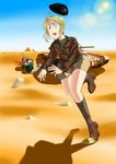  absurdres blonde_hair british commentary crusader_(tank) cup desert dragoncastle egypt ground_vehicle highres military military_vehicle motor_vehicle original pyramid sand short_hair spilling tank teacup world_war_ii 