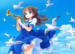  bird blue_eyes blue_skirt blue_sky bolo_tie brown_hair cloud day double_bun flock high-waist_skirt hisana instrument long_hair original outdoors parted_lips petticoat seagull skirt sky smile solo suspender_skirt suspenders trumpet wind wind_lift 