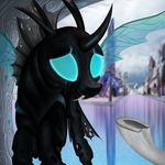  black_skin blue_eyes changeling day detailed_background fangs feral flying hooves insect_wings konsumo male my_little_pony outside solo tears thorax_(mlp) wings 