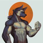  2016 5_fingers anthro athletic black_fur black_nose blue_eyes canine digital_media_(artwork) digital_painting_(artwork) dog ear_piercing fist front_view fur grey_fur half-length_portrait hi_res looking_at_viewer male mammal multicolored_fur nipples nude piercing portrait simple_background solo toothlessfan two_tone_fur 