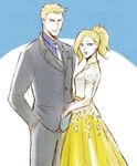  1girl bag blonde_hair dhurain formal handbag mercy_(overwatch) overwatch ponytail soldier:_76_(overwatch) suit 