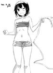  bandeau bare_shoulders dated garnet greyscale highres midriff monochrome navel one_eye_closed open_fly original short_hair short_shorts shorts signature solo 