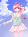  adapted_costume arm_up armpits cloud cloudy_sky day drink floral_print hairband heart komeiji_satori ma_nyan_(nyao_mao_nyao) miniskirt pink_eyes pink_hair pink_skirt shirt short_hair skirt sky sleeveless sleeveless_shirt solo sweat third_eye touhou wrist_cuffs 