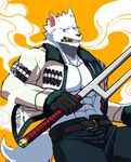  2016 abs anthro bearlovestiger13 belt biceps blue_eyes bulge canine captain cigarette cigars clothed clothing fur jacket jitte leather leather_jacket mammal marines melee_weapon military navy one_piece pants smoker_(one_piece) smoking solo topless weapon white_fur wolf 
