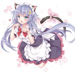  :o alternate_costume animal_ears apron blue_eyes blush bow bowtie cat_ears cat_tail commentary crescent crescent_hair_ornament dress enmaided eyebrows eyebrows_visible_through_hair fang frilled_dress frills hair_ornament heart kantai_collection kemonomimi_mode long_hair looking_at_viewer maid maid_headdress open_mouth paw_pose purple_hair revision short_hair_with_long_locks short_sleeves solo sugisaki_yuu tail tail_bow very_long_hair waist_apron white_apron yayoi_(kantai_collection) 