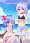  bare_legs bat_wings beach beach_umbrella bikini black_bikini blue_eyes blue_hair blue_sky blush bow braid breasts chair choker cleavage cloud collarbone day drinking floral_print flower front-tie_top glass hair_bow hakuto_(28syuku) hibiscus izayoi_sakuya looking_at_viewer maid_headdress medium_breasts multiple_girls navel ocean outdoors pink_bikini red_eyes remilia_scarlet ribbon_trim sarong short_hair side-tie_bikini silver_hair sipping sitting sky smile standing summer swimsuit table touhou twin_braids umbrella water wings 