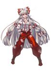  boots bow breasts cigarette cleavage deyezi fujiwara_no_mokou full_body hair_bow hair_ribbon hands_in_pockets high_collar highres long_hair medium_breasts navel pants red_eyes ribbon shirt silver_hair simple_background smoke smoking solo spread_legs suspenders touhou very_long_hair white_background 