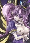  breast_hold breasts cattleya_(p&amp;d) dress fairy fairy_wings grin hat juliet_sleeves lace lactation large_breasts long_hair long_sleeves looking_at_viewer mini_hat mini_top_hat nail_polish nipples pale_skin pointy_ears puffy_sleeves purple_dress purple_eyes purple_hair puzzle_&amp;_dragons smile solo top_hat twintails upper_body wings yohane 
