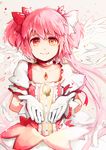  back-to-back bow brooch choker feathers floating floating_object gloves hair_bow hair_ribbon henshin jewelry kaname_madoka long_hair looking_at_viewer magical_girl mahou_shoujo_madoka_magica pink_hair red_eyes ribbon short_twintails silverxp smile solo soul_gem split_theme transformation twintails ultimate_madoka white_gloves 