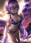  abs bangs bikini black_hairband blush breasts cleavage closed_mouth cloud cloudy_sky dark_skin embarrassed fate/grand_order fate/prototype fate/prototype:_fragments_of_blue_and_silver fate_(series) flower full_moon hairband hassan_of_serenity_(fate) highres looking_at_viewer medium_breasts mia_(gute-nacht-07) midriff moon navel night purple_bikini purple_eyes purple_hair short_hair side-tie_bikini sky solo swimsuit undressing 