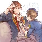  2boys alternate_costume boater_hat brown_hair fingerless_gloves gloves gran_(granblue_fantasy) granblue_fantasy hand_in_hair kimi_to_boku_no_mirai looking_at_another male_focus multiple_boys natsuno_(natsuno_a1) percival_(granblue_fantasy) red_hair sitting spoken_ellipsis the_dragon_knights translation_request unbuttoning white_gloves 