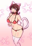  1girl active_raid animal_ears bangs blunt_bangs breasts brown_hair cat_ears cat_tail cleavage gabayo jewelry kazari_asami large_breasts long_hair looking_at_viewer pantyhose purple_eyes short_hair solo tail 