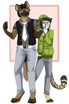  anthro clothed clothing duo ear_piercing feline female fur hair hi_res hyena looking_at_viewer male mammal piercing simple_background smile standing terryburrs 