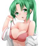  bare_shoulders bra breasts cleavage collarbone green_eyes green_hair highres higurashi_no_naku_koro_ni large_breasts looking_at_viewer nemu_(nebusokugimi) open_clothes open_mouth open_shirt ponytail shirt simple_background solo sonozaki_mion underwear undressing upper_body white_background 