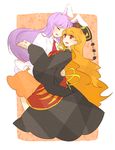  animal_ears bad_id bad_pixiv_id blonde_hair bunny_ears closed_eyes dancing eyebrows hand_on_back hat highres holding_hands junko_(touhou) long_hair multiple_girls open_mouth purple_hair red_eyes reisen_udongein_inaba tama_(hiroshige_36) thick_eyebrows touhou very_long_hair 